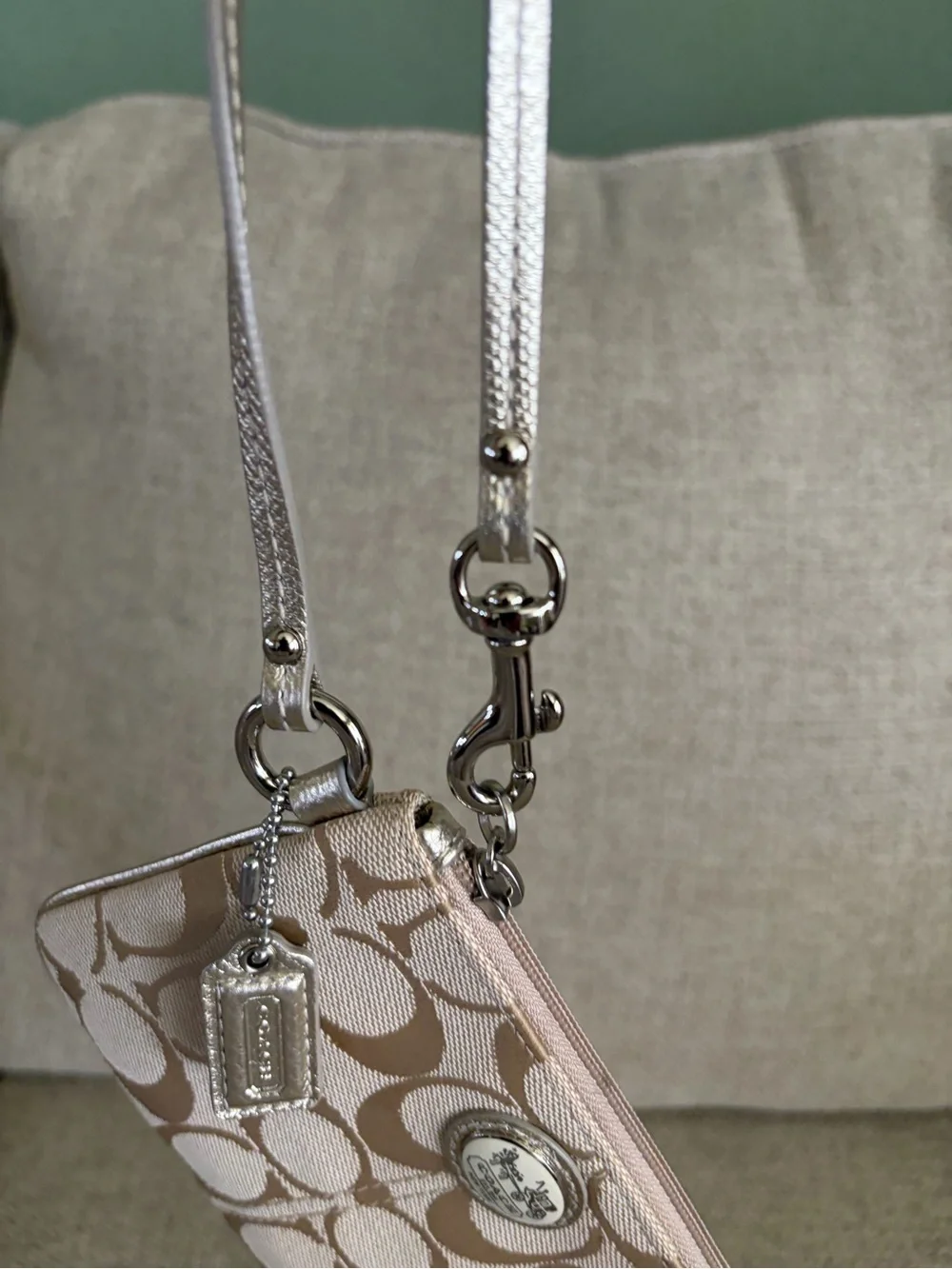 Coach Beige Signature Canvas Wristlet with Silver Strap